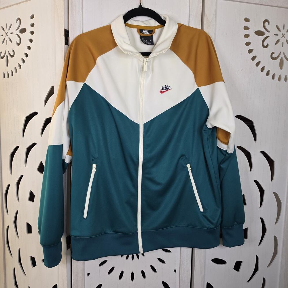 Nike Men's Sportswear Colorblocked track jacket chevron design teal, white, gold